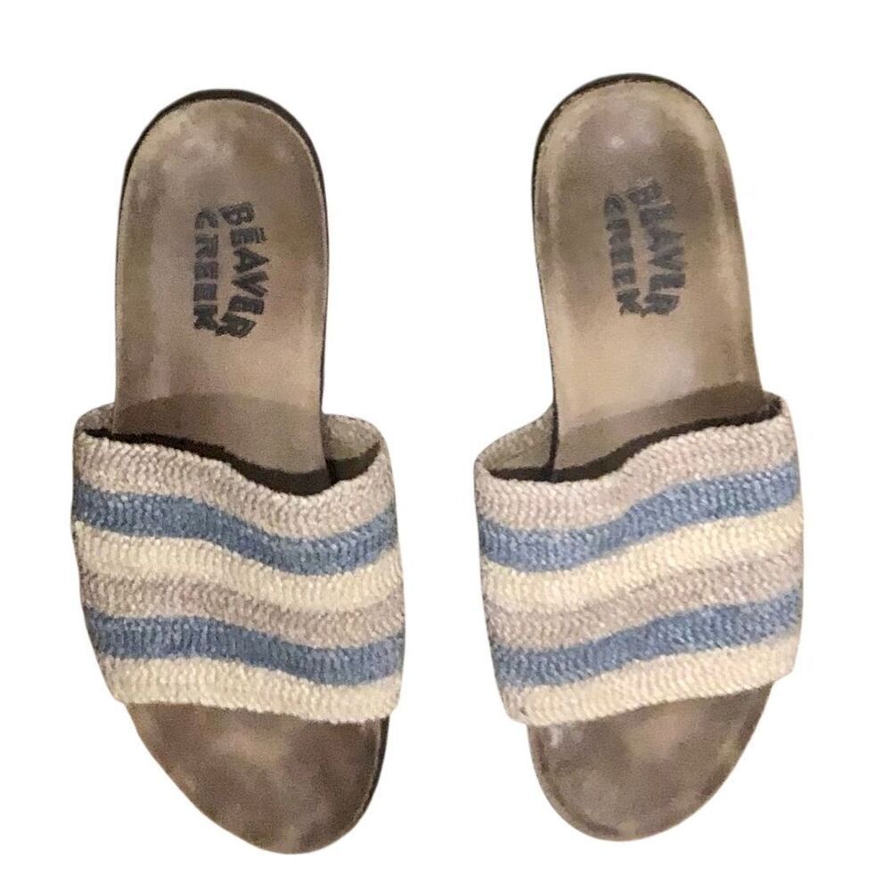 Beaver Creek Slip On Weaved Fabric Sandals Blue Tan Cream Rubber Sole Arch Suppo